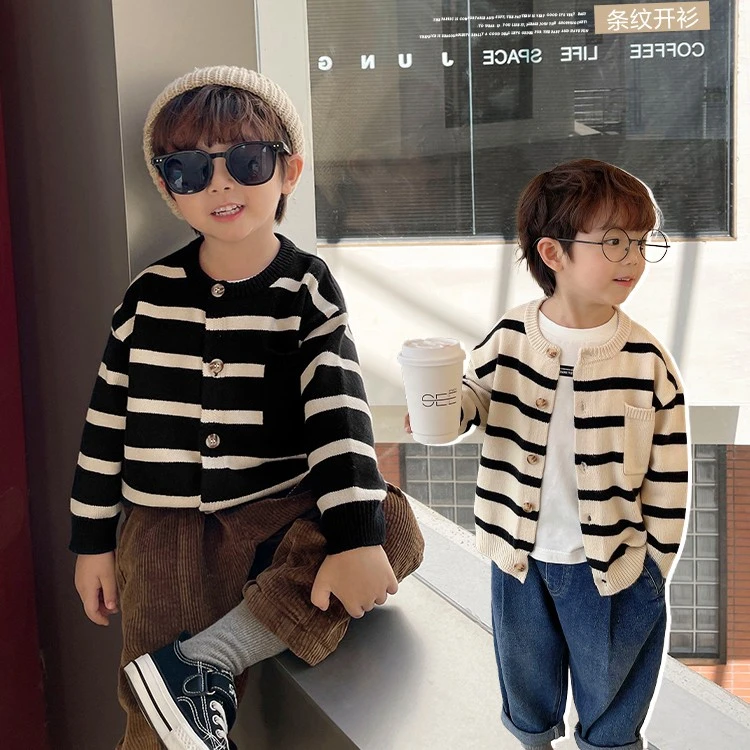 2023新款春秋季宝宝毛衣开衫中性儿童韩版条纹毛衣洋气针织外套