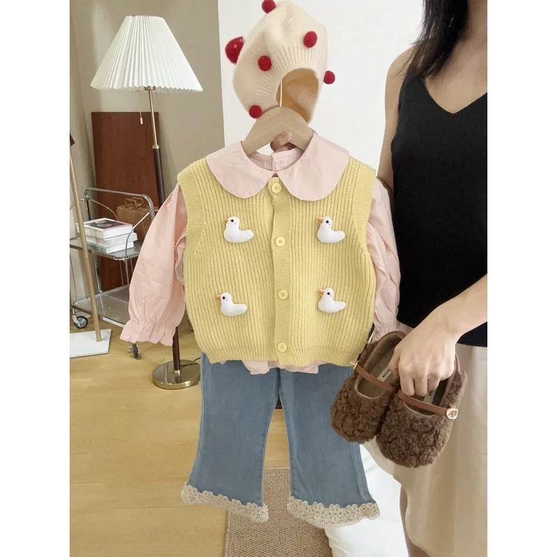 Loving Duck/爱萌鸭女童毛衣针织开衫2024秋季新款儿童洋气马甲