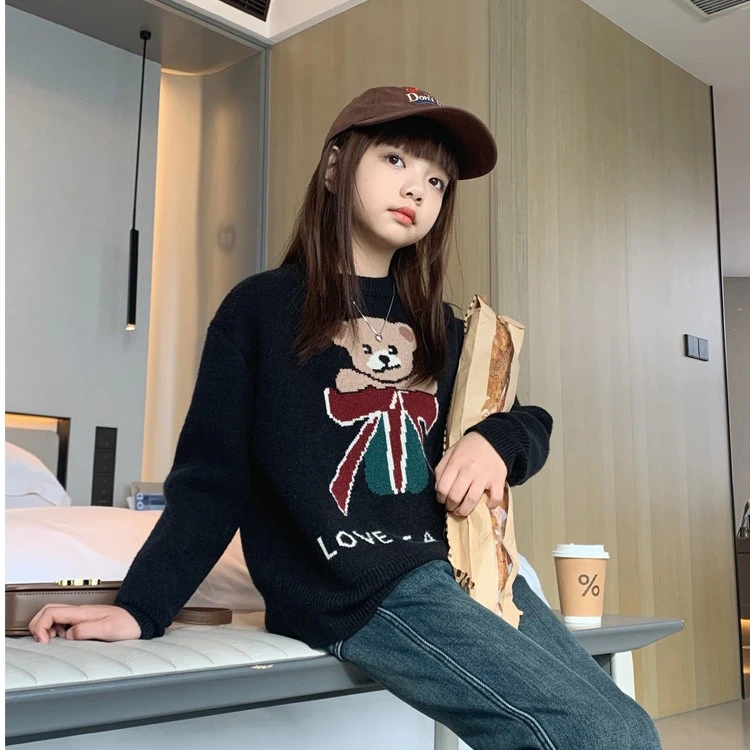 女大童韩版小熊毛衣2023冬装新款青少年加厚保暖针织衫套头打底衫