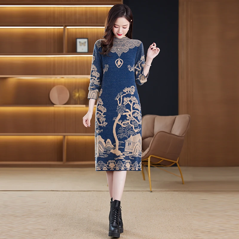 毛衣女宽松外穿秋冬装2023新款加厚中长款打底连衣裙针织加绒2279