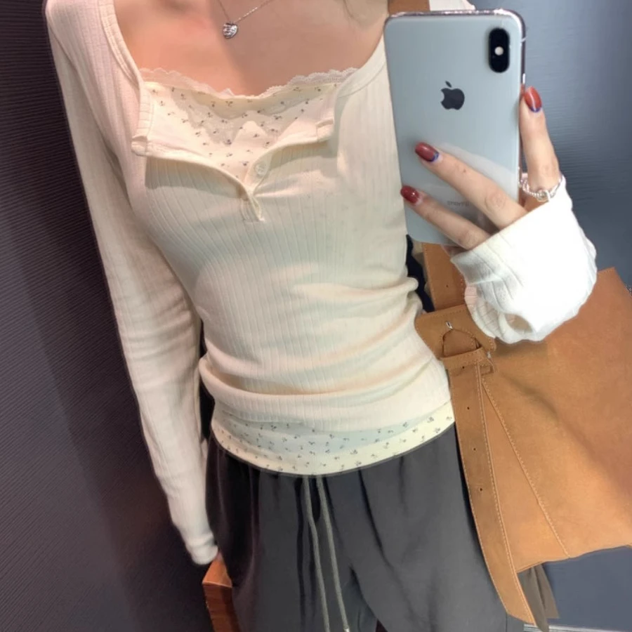 假两件拼接碎花上衣女韩系秋冬季修身洋气甜辣内搭显瘦长袖t恤ins