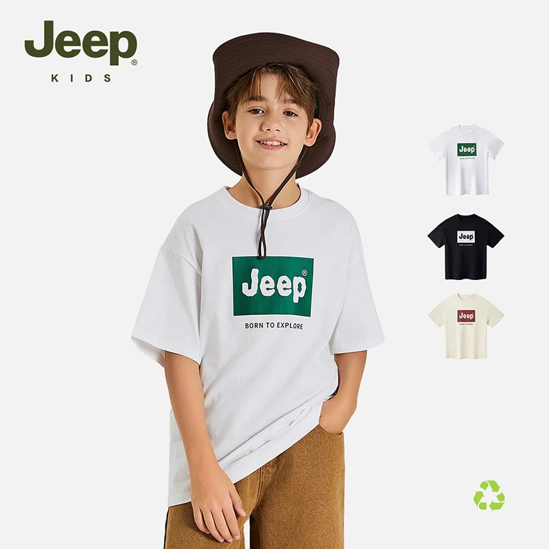 Jeep童装亲子装T恤25新款印花休闲透气亲肤精梳棉宽松圆领短袖