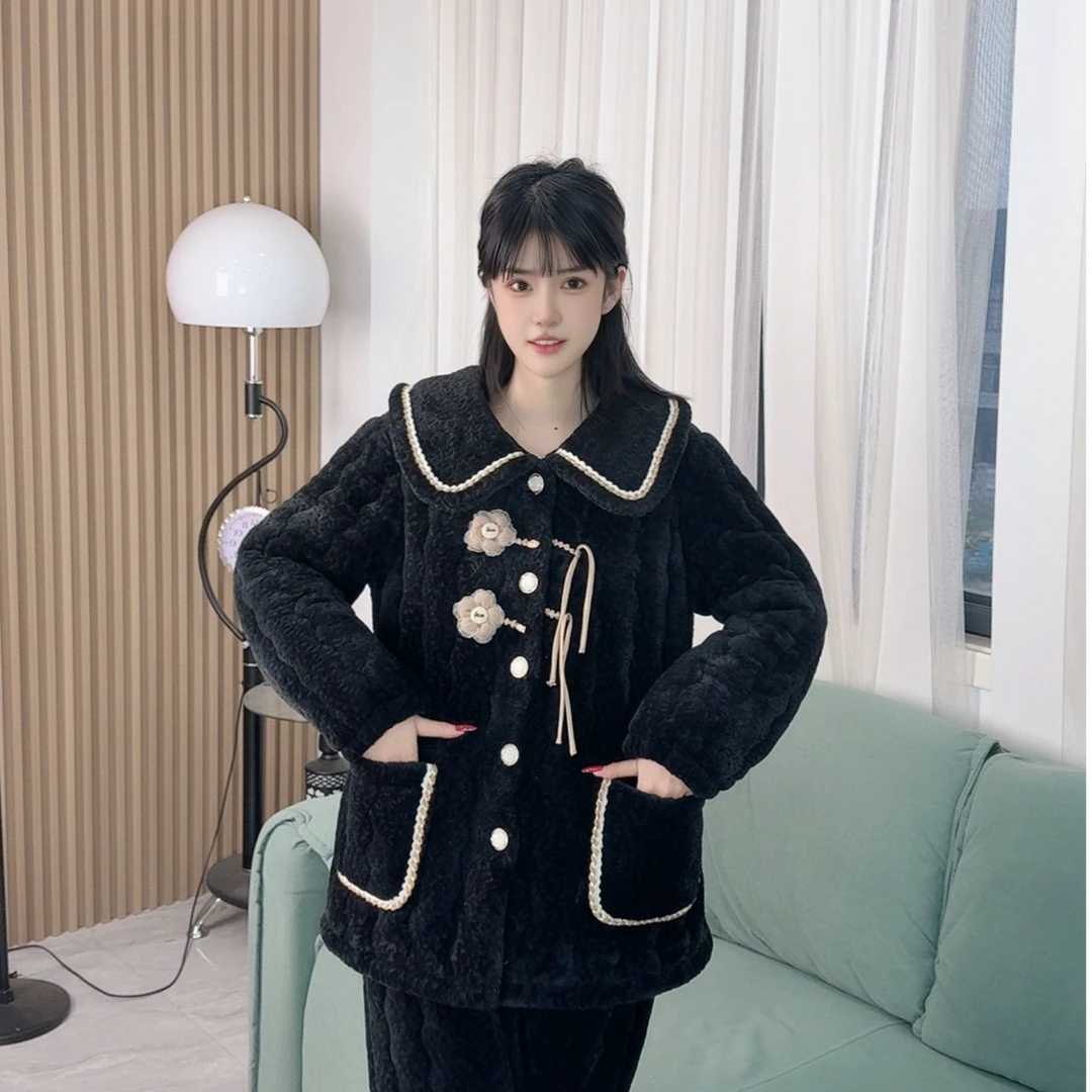 2024新款冬季气质女士加厚夹棉黑色小香风娃娃领家居黑色加厚睡衣