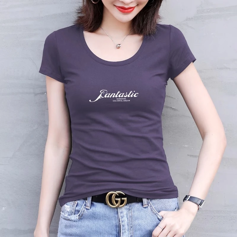 紫色短袖t恤女士夏季修身圆领打底衫女内搭2025新款黑色半袖上衣