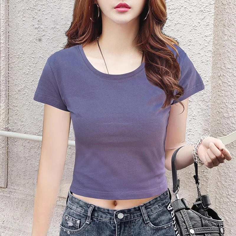 紫色短款t恤女短袖2025夏季新款显瘦高腰显瘦正肩纯色露脐上衣夏