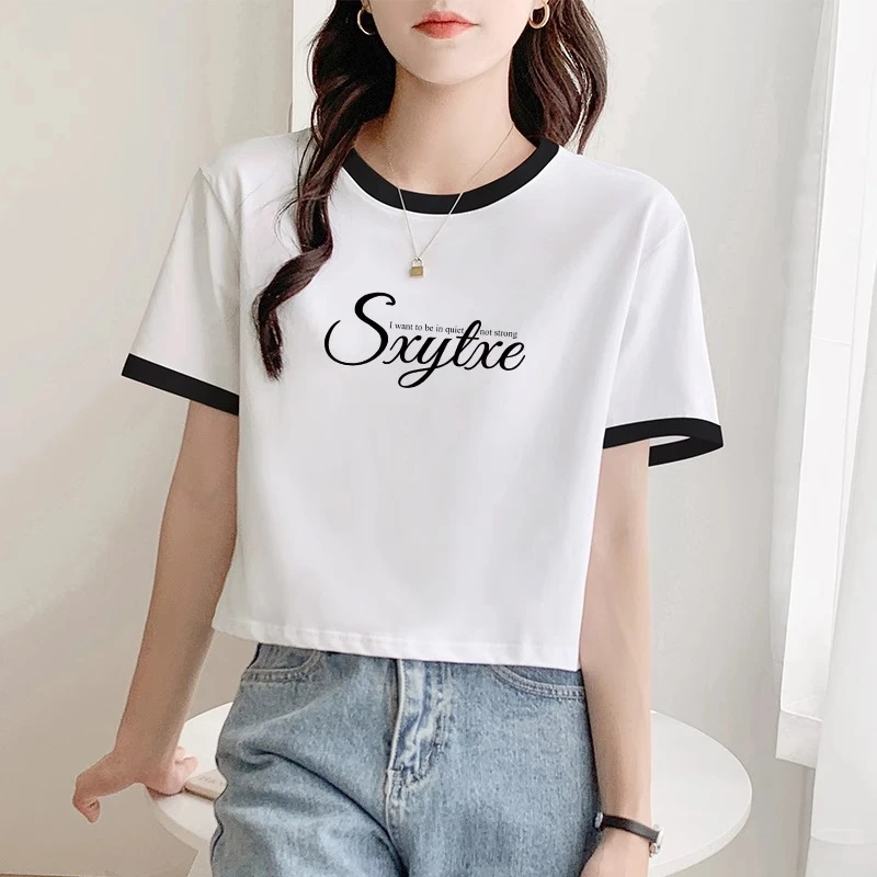 拼接短款t恤女短袖宽松正肩高腰露肚脐撞色小个子上衣2025年新款