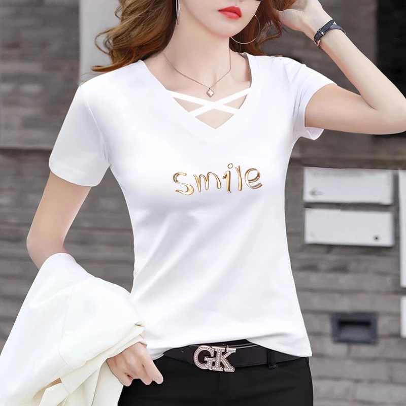 白色短袖t恤女修身夏季设计感小众交叉半袖体恤V领上衣2025年新款