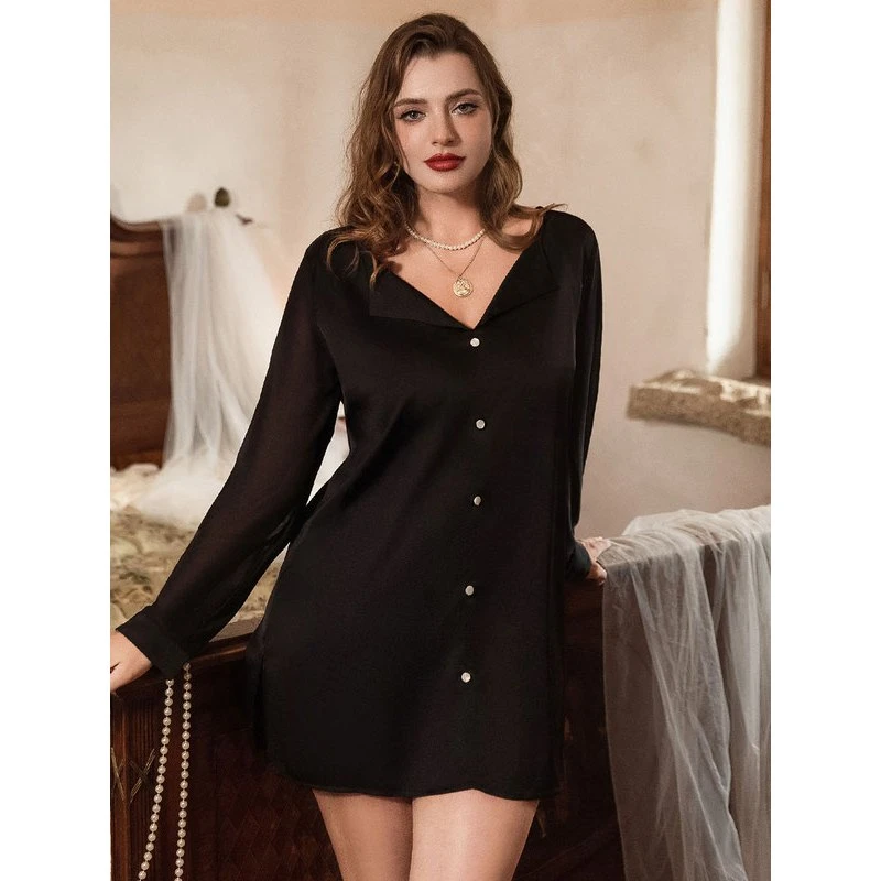 大码性感睡衣女夏季2024新款胖mm遮肚200斤宽松长袖黑色衬衫睡裙