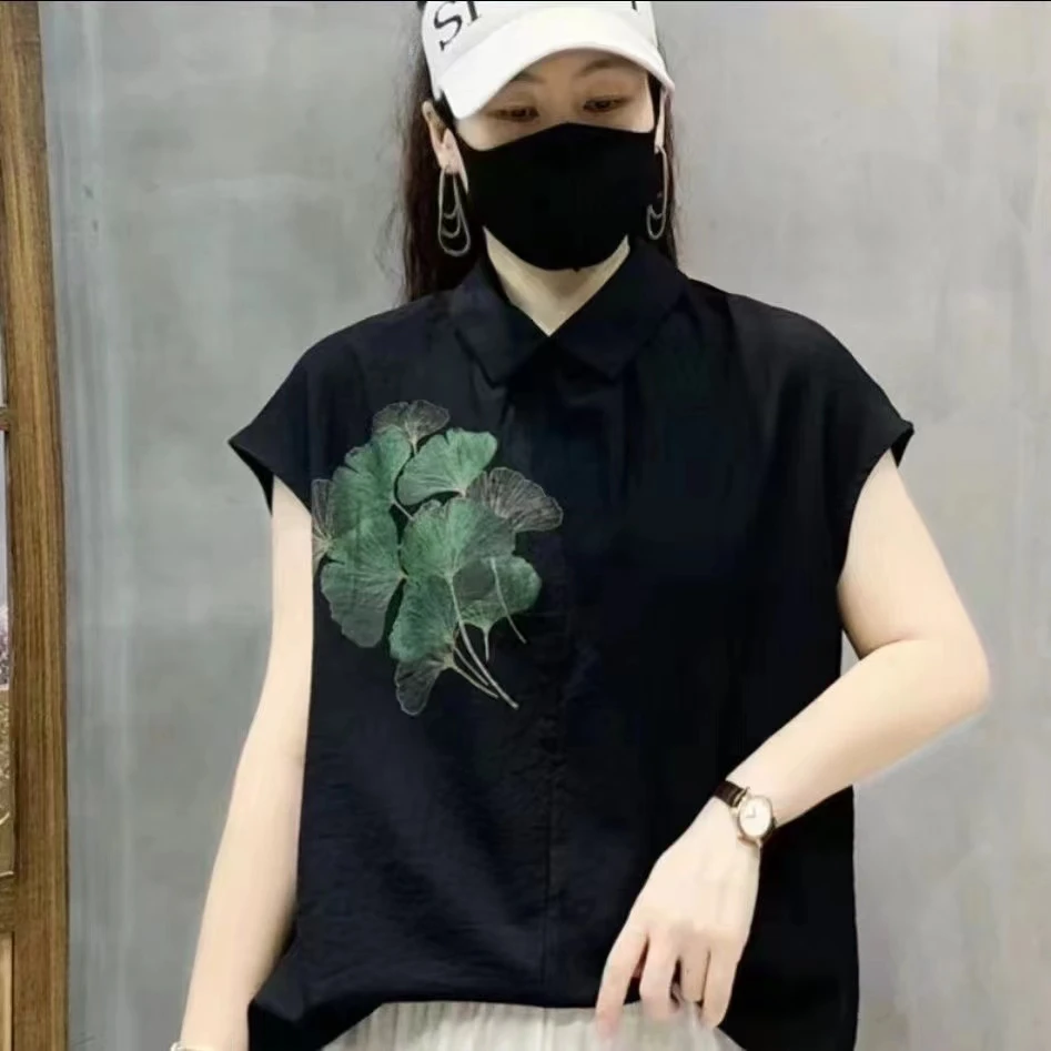 常熟提花绿色休文艺夏季时尚民族风显瘦宽松印花国风短袖衬衣复古