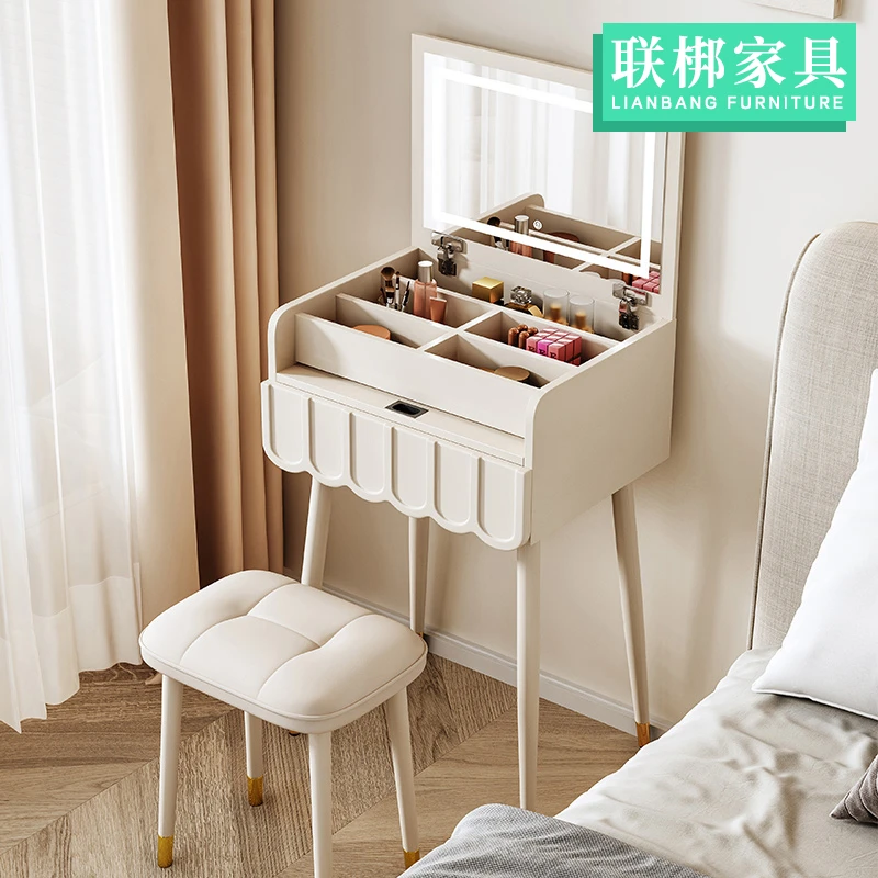 实木北欧梳妆台高级黑色带翻盖灯一体储物柜化妆桌组合多功能家用