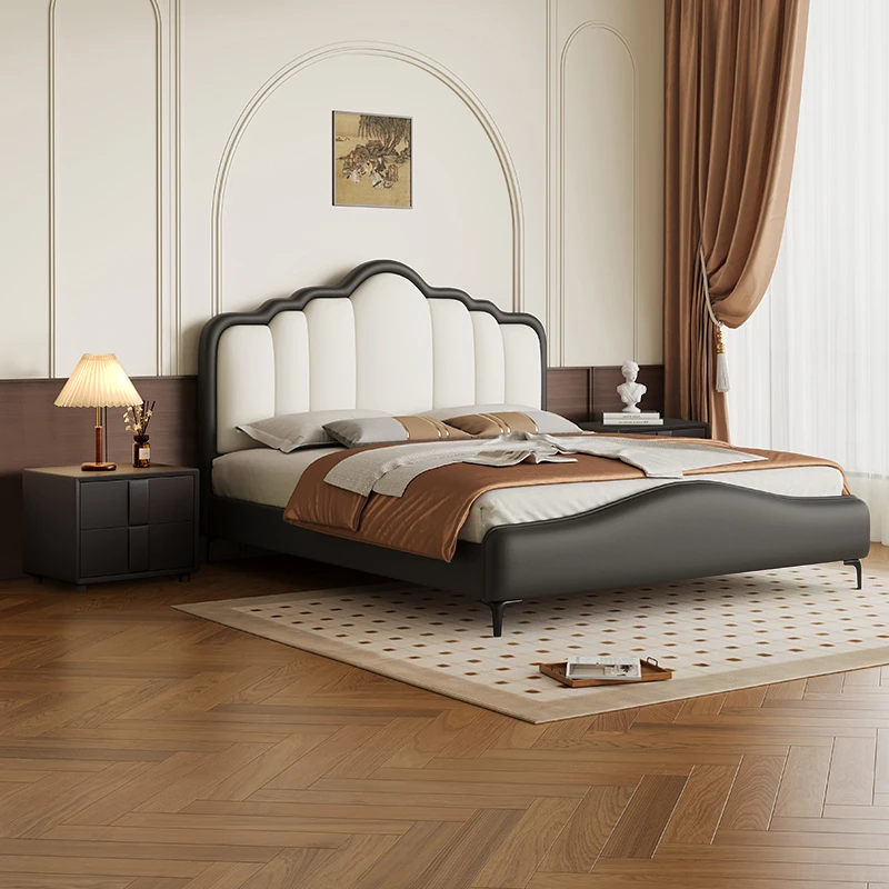 法式轻奢皮床现代简约主卧床大气极简奶油风双人皮床家用实用