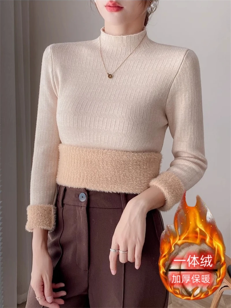 秋冬爆款百搭半高领加绒打底衫女纯色宽松一体绒毛衣加厚HY538