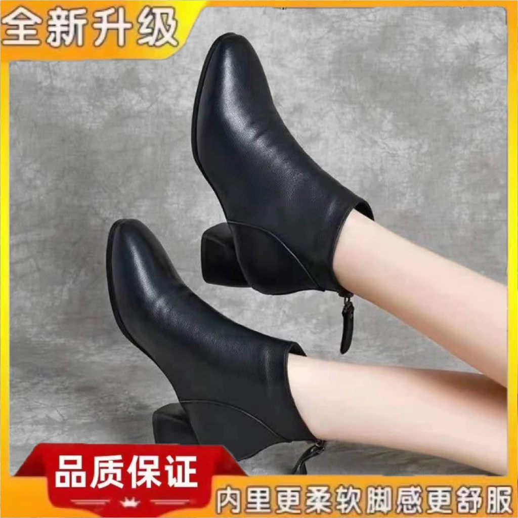 软皮马丁靴女2024防滑新款英伦加绒棉鞋秋冬皮鞋妈妈靴保暖短靴女