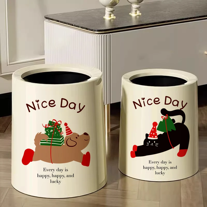 垃圾桶家用奶油风大号双层2024新款高颜值客厅印花轻奢摇盖式纸篓