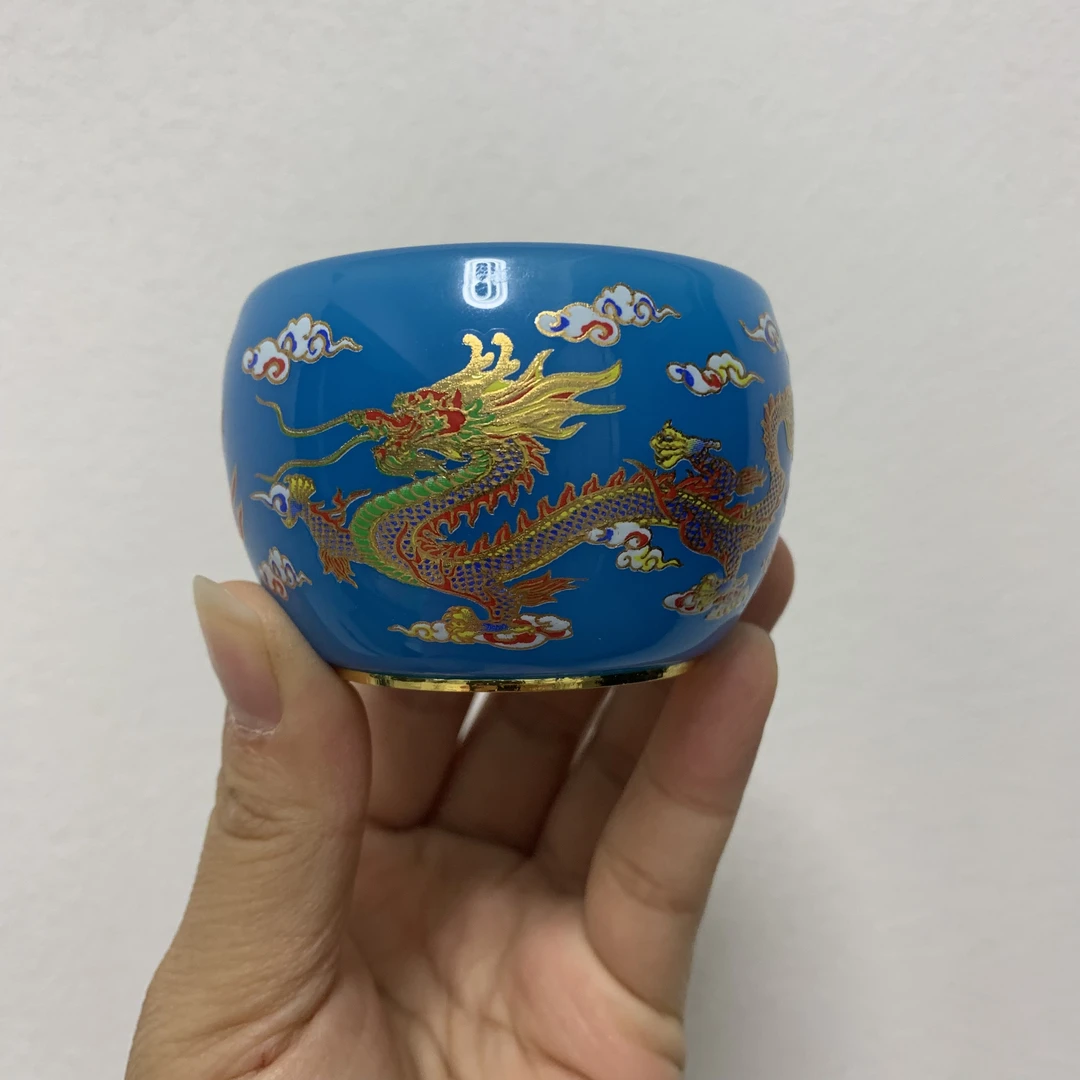 蓝色龙凤图案琉璃杯高端茶杯单只装无礼盒
