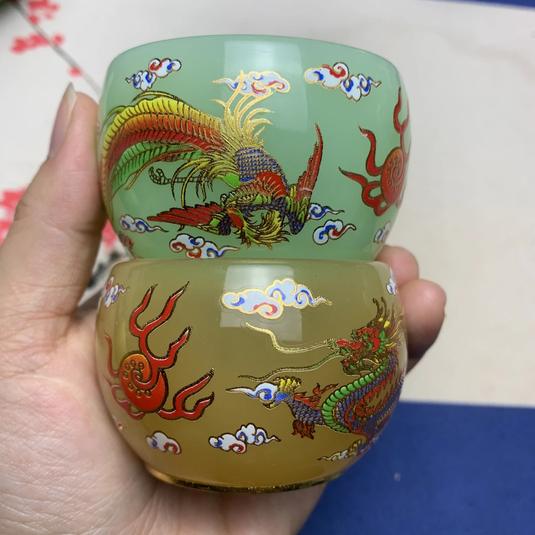龙凤琉璃杯浅绿+米黄高端茶杯2只装无礼盒