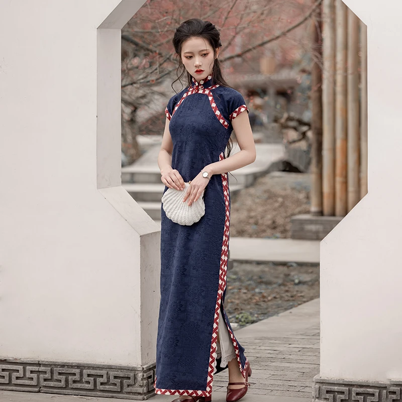 晴山原创复原月份牌半开襟旗袍复古民国风修身长款气质连衣裙流年