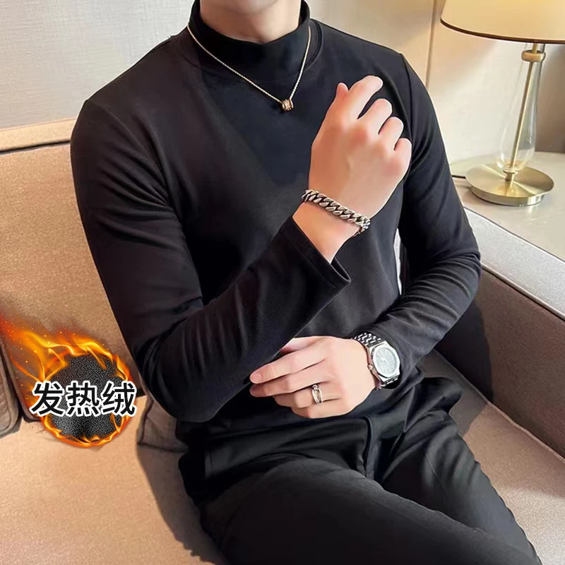 秋冬半高领中领雪花绒德绒保暖打底衫男士修身内搭上衣长袖T恤