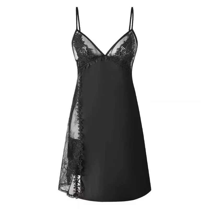 性感睡衣女网红网纱睡裙春美背新款轻奢吊带睡衣黑色风冰丝绸睡裙