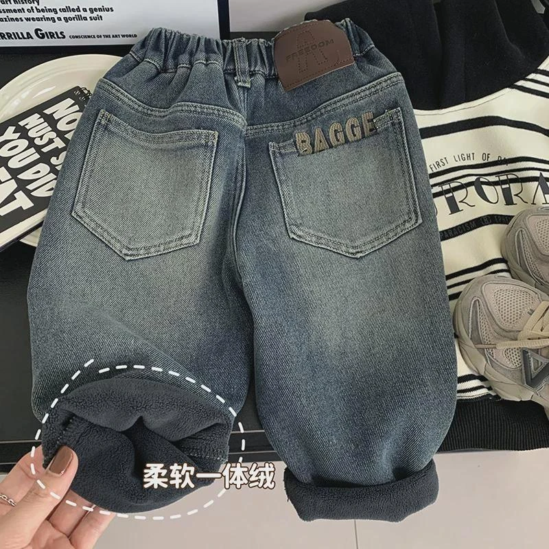 男童一体绒牛仔裤2025冬季韩版儿童柔软加绒裤子酷帅小童时尚长裤