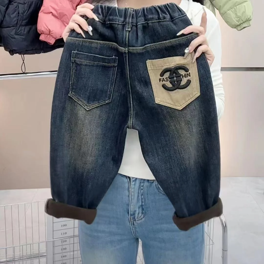 一体绒男童加绒牛仔裤2023新款宝宝冬装潮流加绒加厚牛仔裤潮韩版