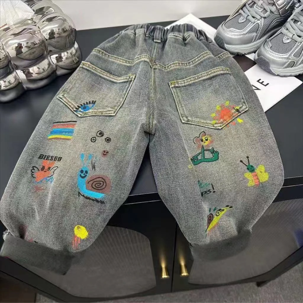 男女童2024冬季加绒新款百搭宽松中小童时尚一体绒潮流牛仔裤韩版