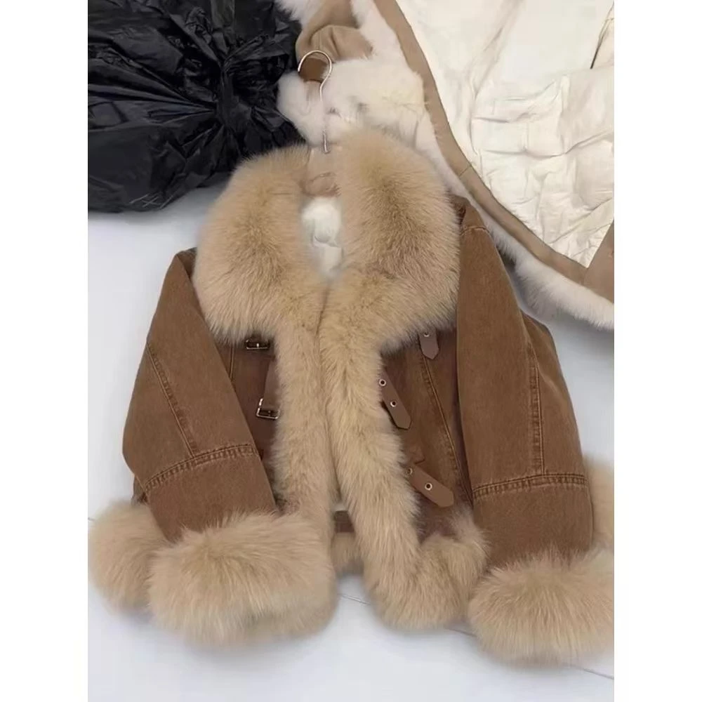 大毛领牛仔夹棉外套女秋冬款韩系小香风高级感超好看棉服加厚保暖