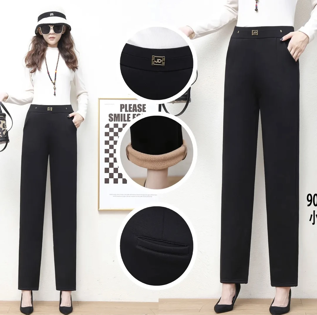 女式加绒直筒裤新款女士时尚高腰小黑裤修身显瘦黑色休闲弹力百搭