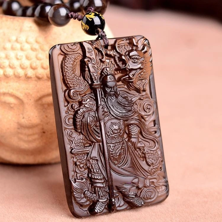 天然玉石冰种黑曜石关公吊坠男士项链关二爷关羽个性霸气佛珠项链