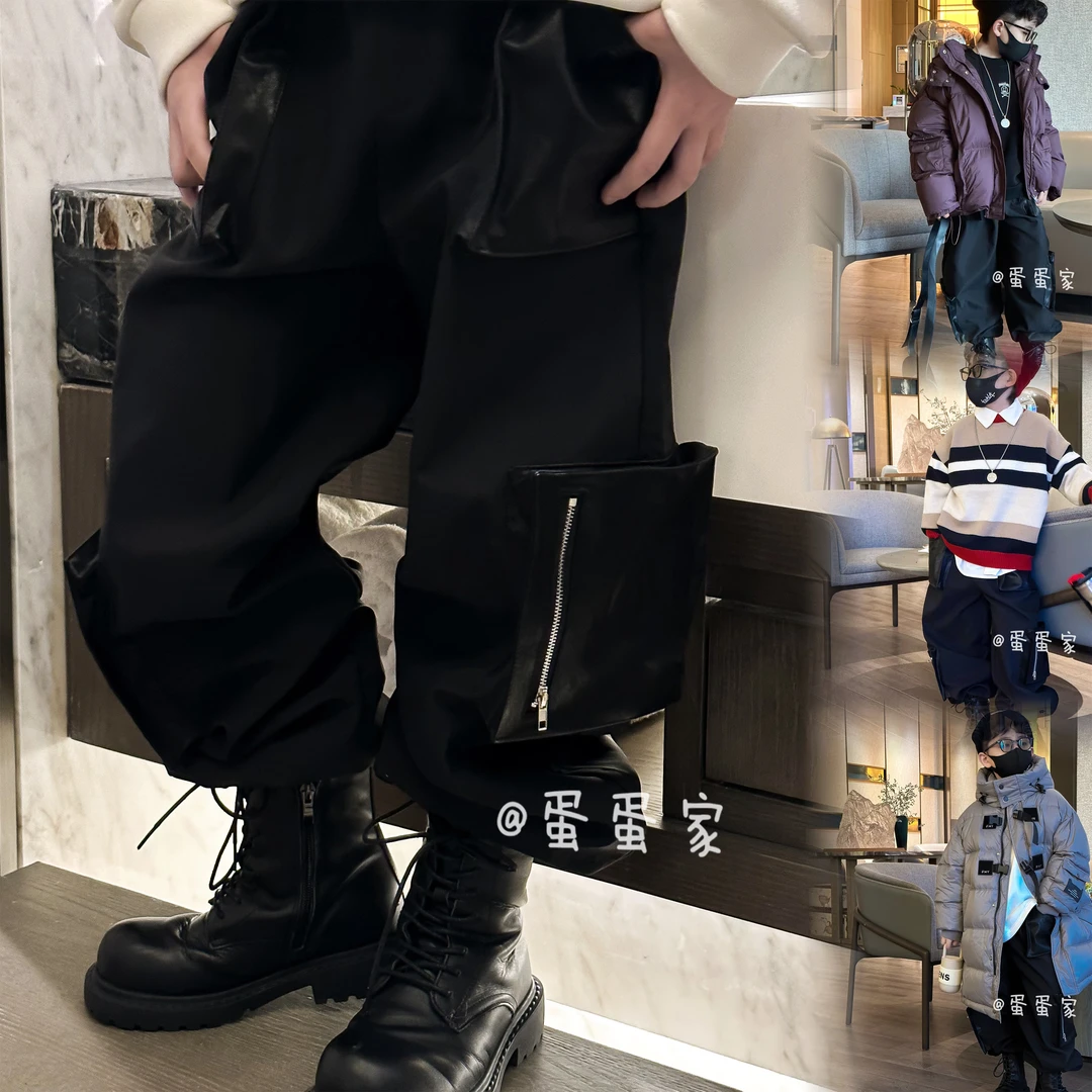 蛋蛋家【皮口袋工装裤】冬季新款儿童宽松黑色皮口袋加绒工装裤