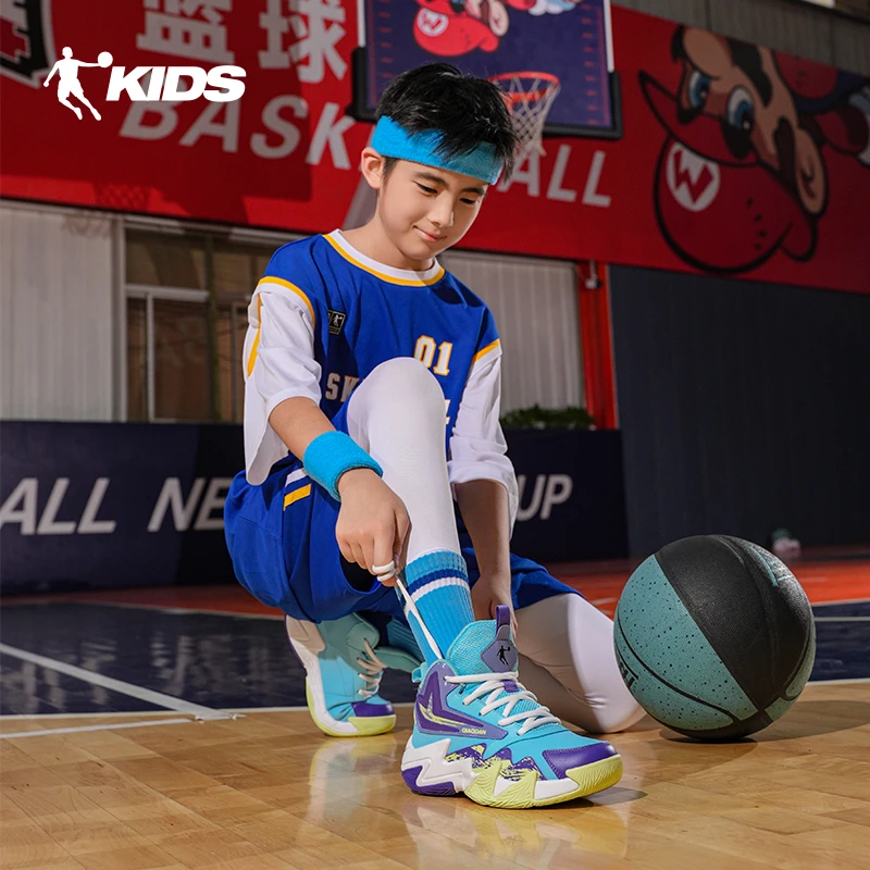 【破影5】乔丹儿童秋季防水皮面专业减震训练男大童篮球鞋QM4450106