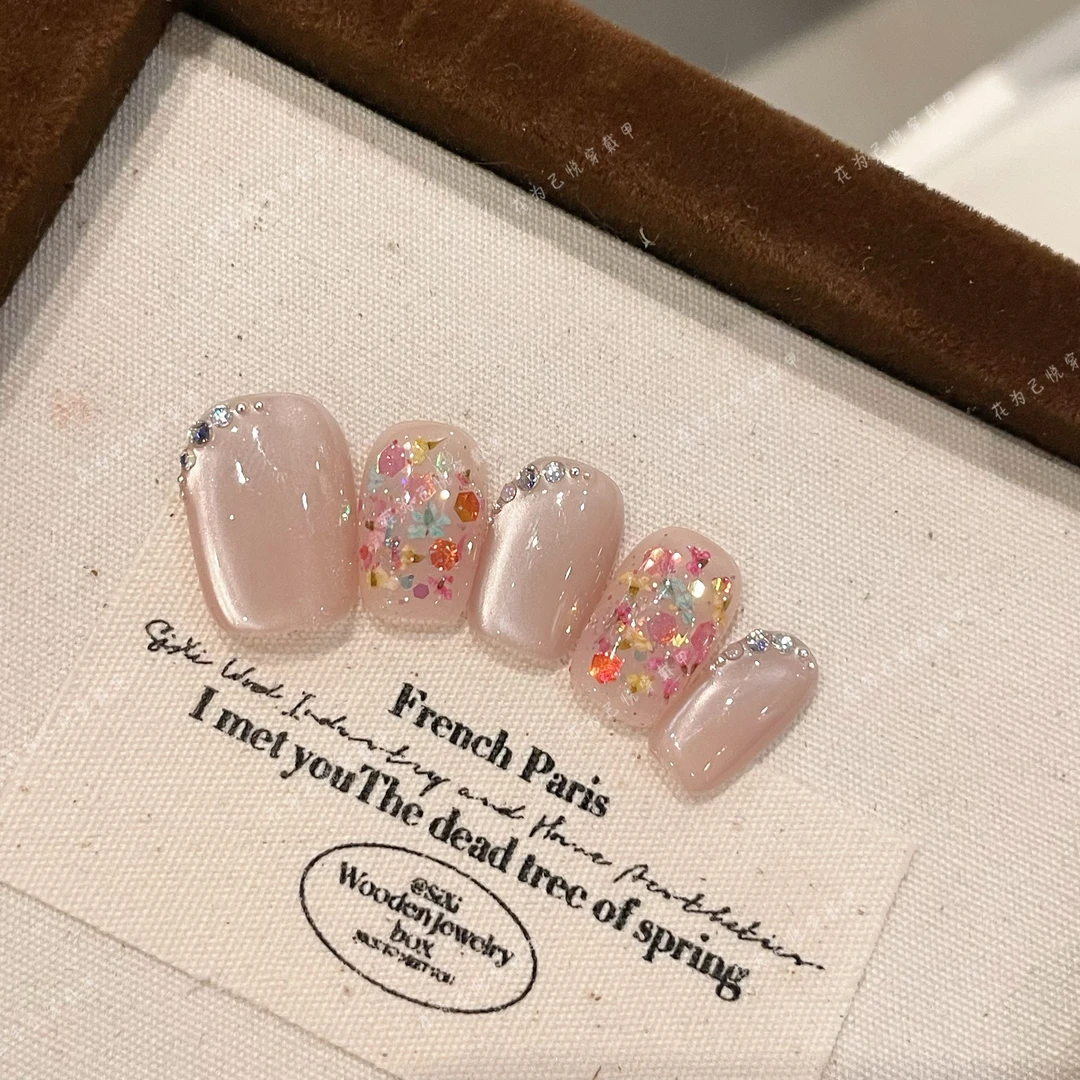 【干花艺术美甲】纯手工穿戴甲美甲穿戴式光疗甲冰透渐变流行纯欲秋