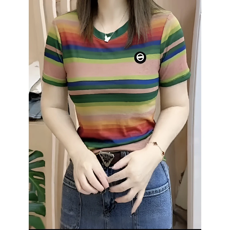 门店169！ 夏季新品时尚洋气冰丝百搭条纹拼色短袖遮肉显瘦3A565