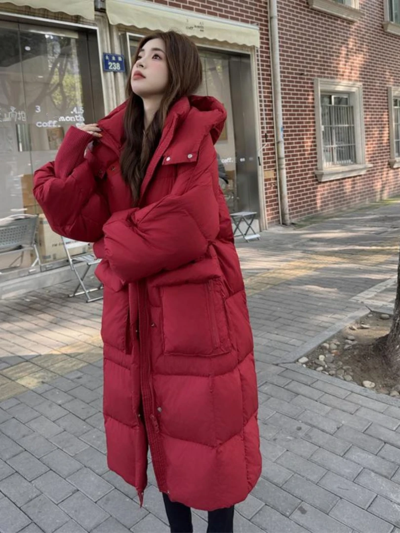 冬季新款韩系泡芙连帽高级感长款过膝加厚羽绒服外套#9235