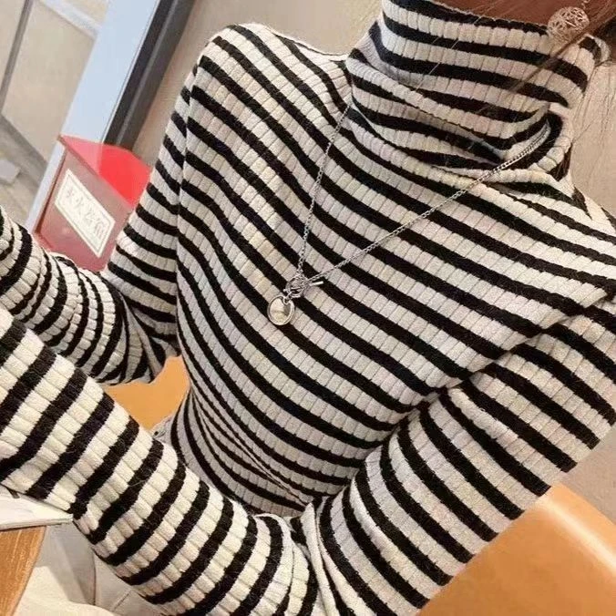 【诺哥专属】秋季新款条纹高领打底衫时尚保暖高级感内搭#8065