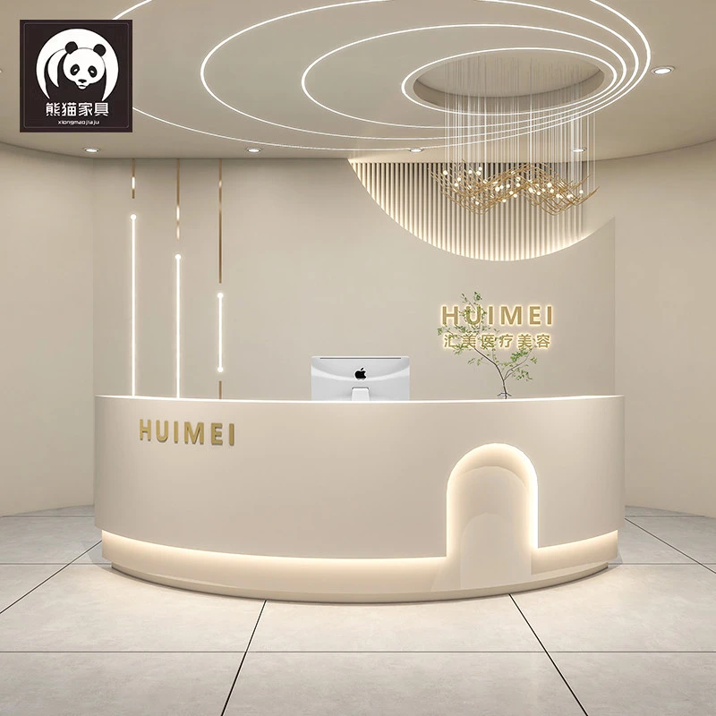 圆弧形烤漆收银台婚纱摄影吧台公司美容院前台接待诧寂风柜台客服