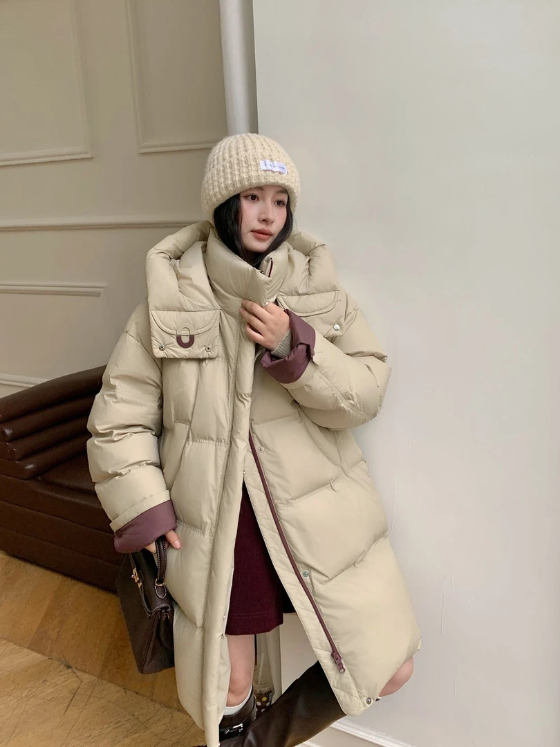 NVOEWA 冬季时尚气质极简保暖百搭韩系连帽长款羽绒服女装1967