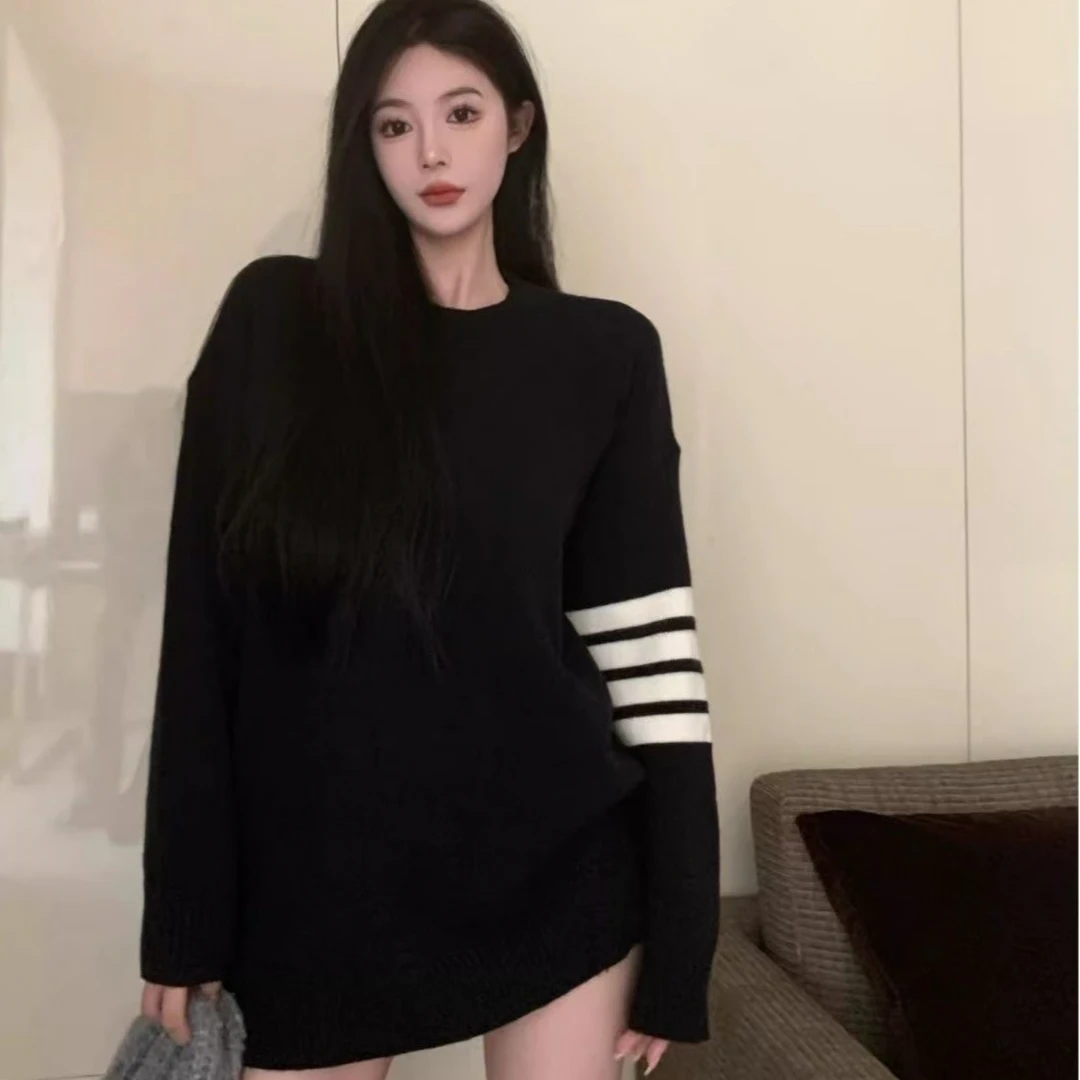 慵懒风中长款卫衣毛衣女秋季新款加厚复古宽松条纹针织衫上衣