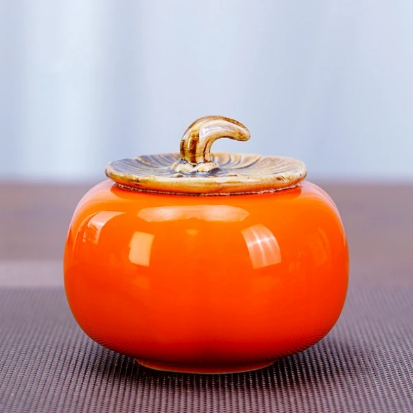 柿柿如意陶瓷柿子密封茶叶罐小号普洱红绿茶轻奢茶具配件包装礼品