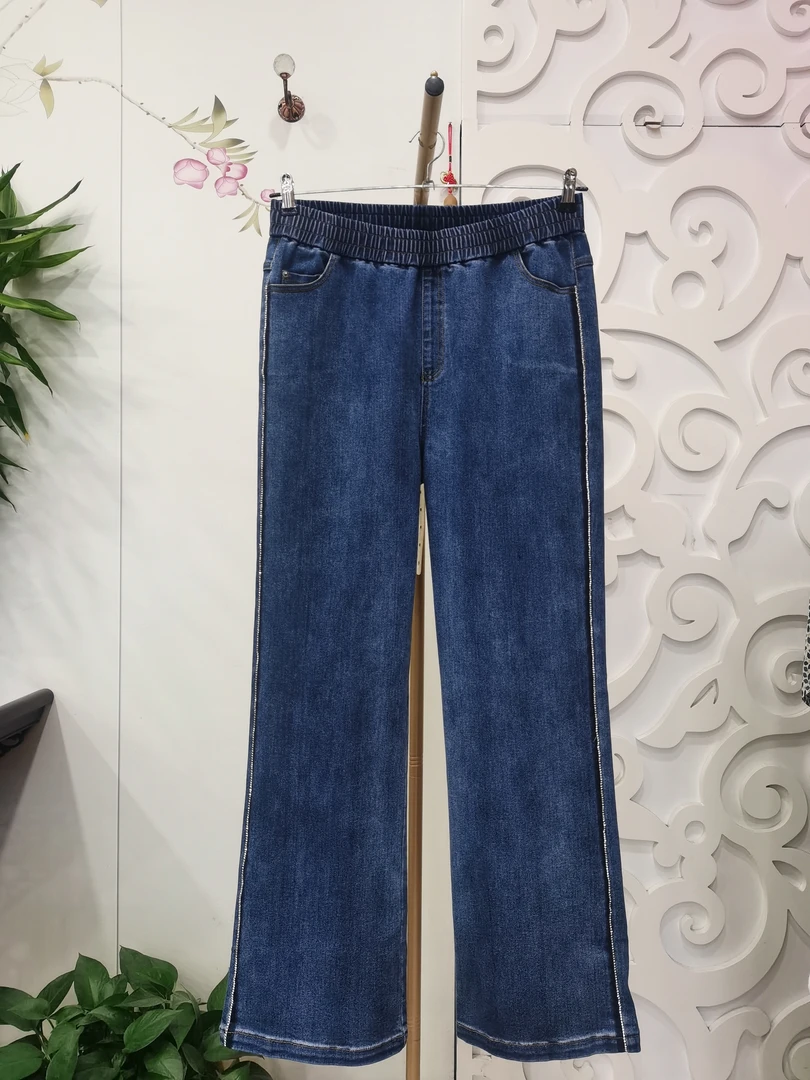 胖人坊大码时尚直筒钻链牛仔裤01157