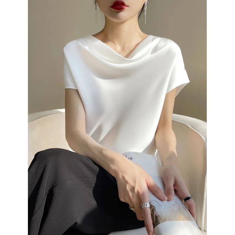 桑蚕丝夏季短袖t恤女显瘦洋气上衣气质打底半袖薄款法式宽松体恤
