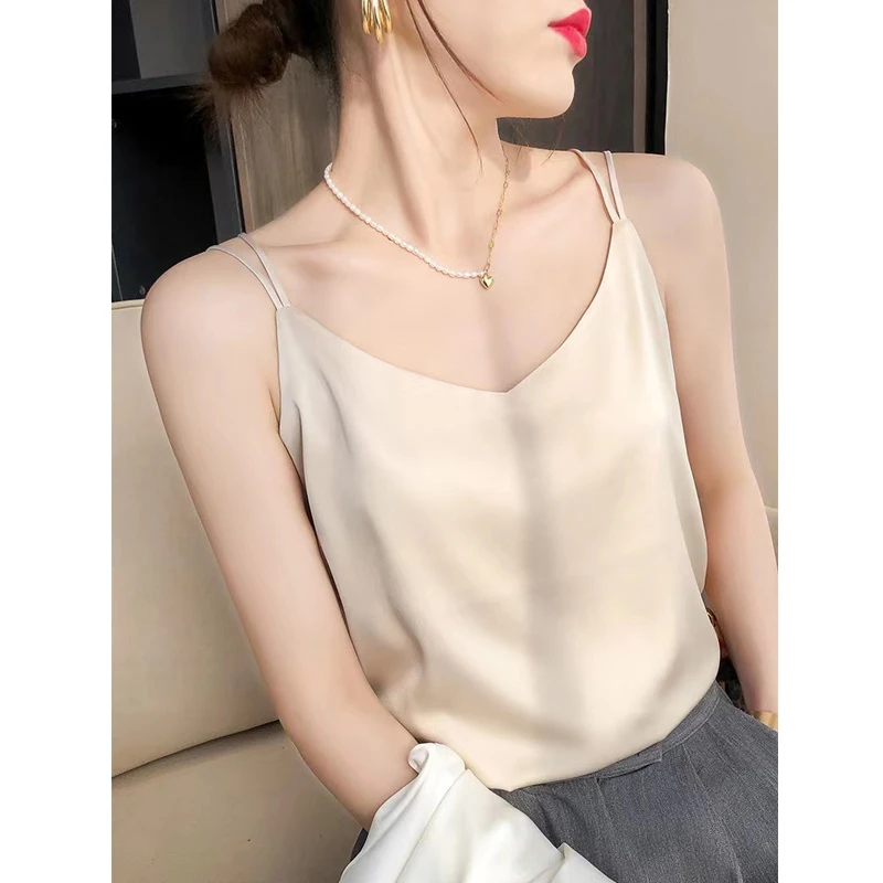 桑蚕丝吊带背心女夏季气质宽松百搭简约法式打底显瘦纯色无袖上衣