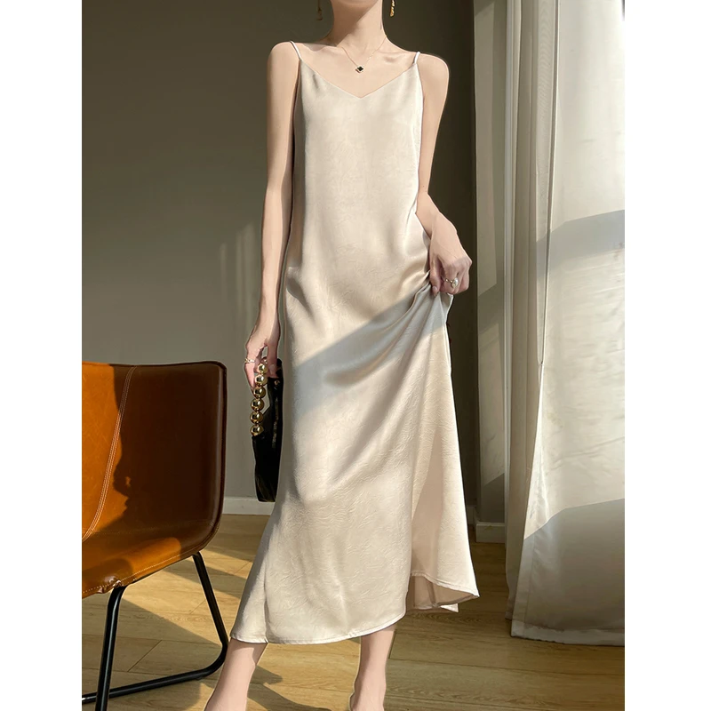桑蚕丝连衣裙女装气质打底复古法式长裙纯色无袖白色薄款夏季裙子