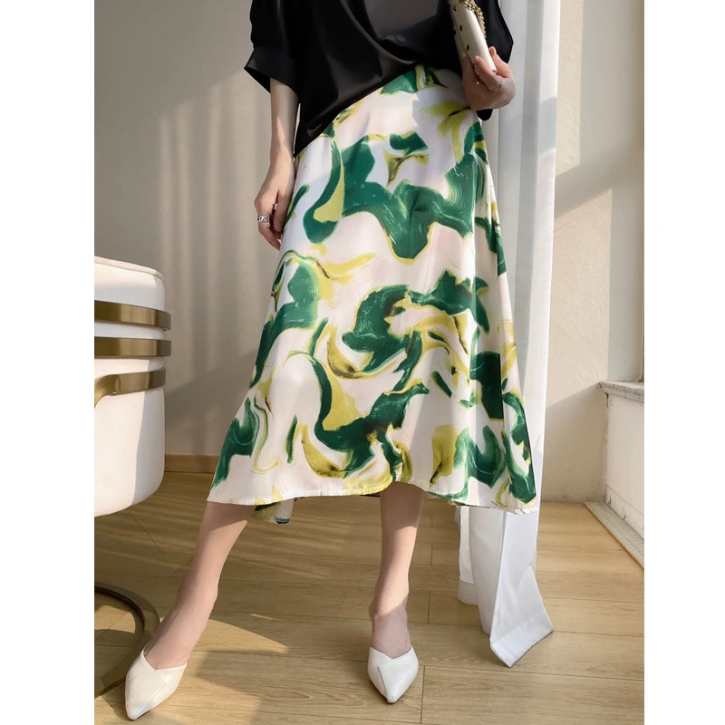 桑蚕丝半身裙女印花气质夏季复古中长款时尚显瘦法式优雅碎花裙子