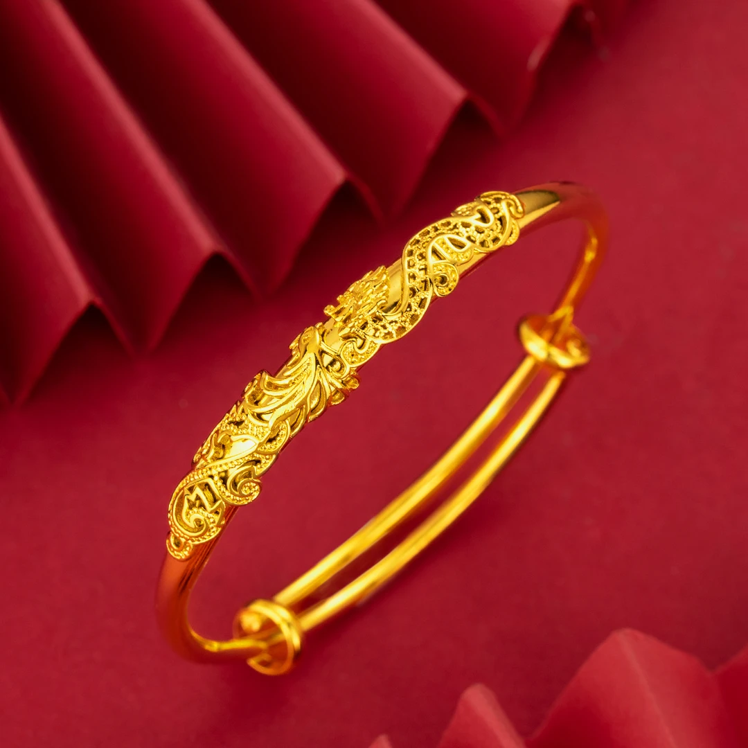 钛钢手镯 时尚龙凤呈祥手镯精美浮雕复古气质轻奢实心镯子可推拉