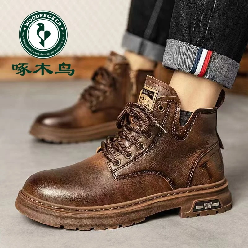 啄木鸟男鞋冬季新款男士休闲短靴百搭加绒加厚保暖高帮厚底马丁靴