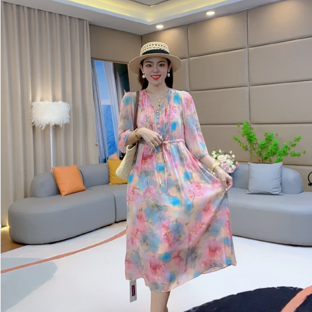 【火火精选】“锦鲤”V领欧若风宽松时尚气质桑蚕丝连衣裙 90483