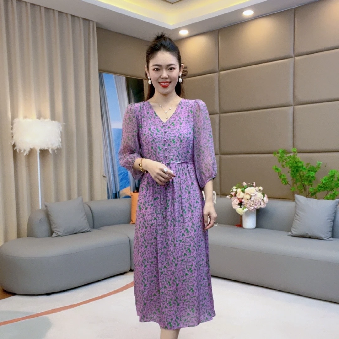 【火火精选】“普罗旺斯”紫色“”气质桑蚕丝碎花连衣裙90022