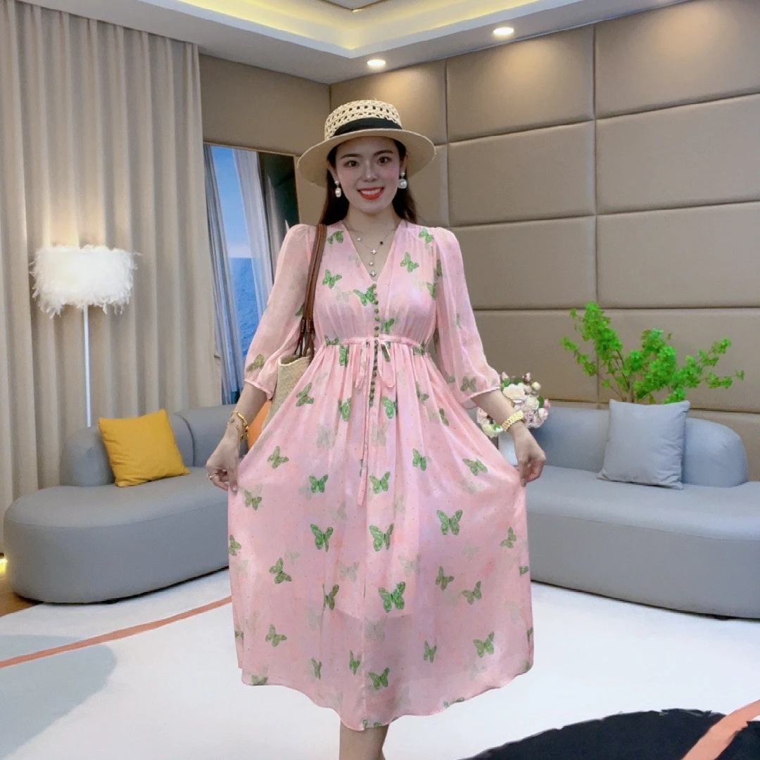 【火火精选】“粉恋蝴蝶”粉色时尚印花宽松女士桑蚕丝连衣裙 90468