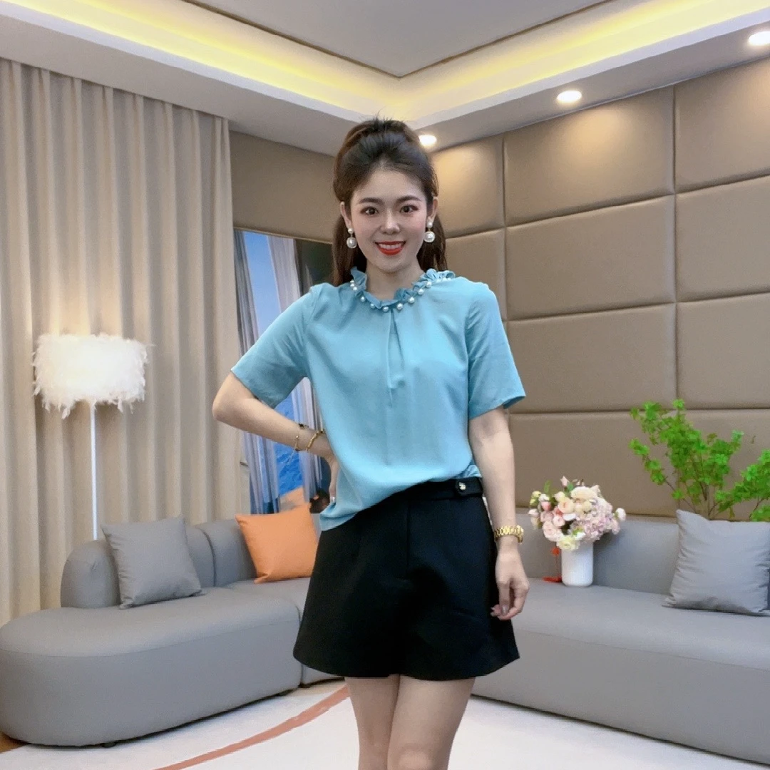【火火精选】湖蓝色领口珍珠圆领百搭短袖女士桑蚕丝衬衫 73245